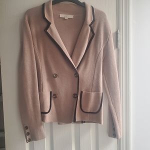 LOFT 100% Cotton Taupe Black Trimmed Double breasted Sweater Blazer size Medium
